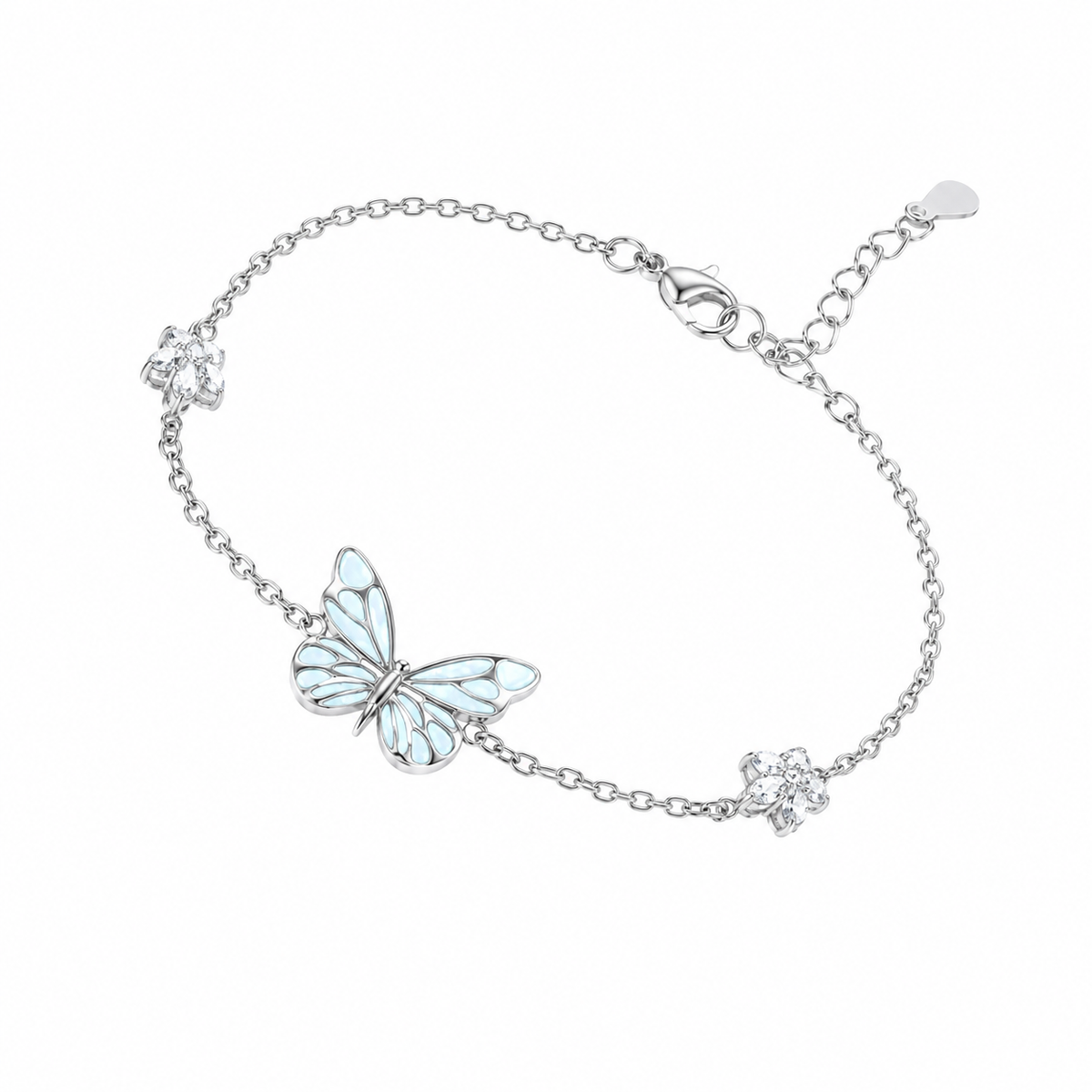 Butterfly bracelet with crystal flower charms and extender chain