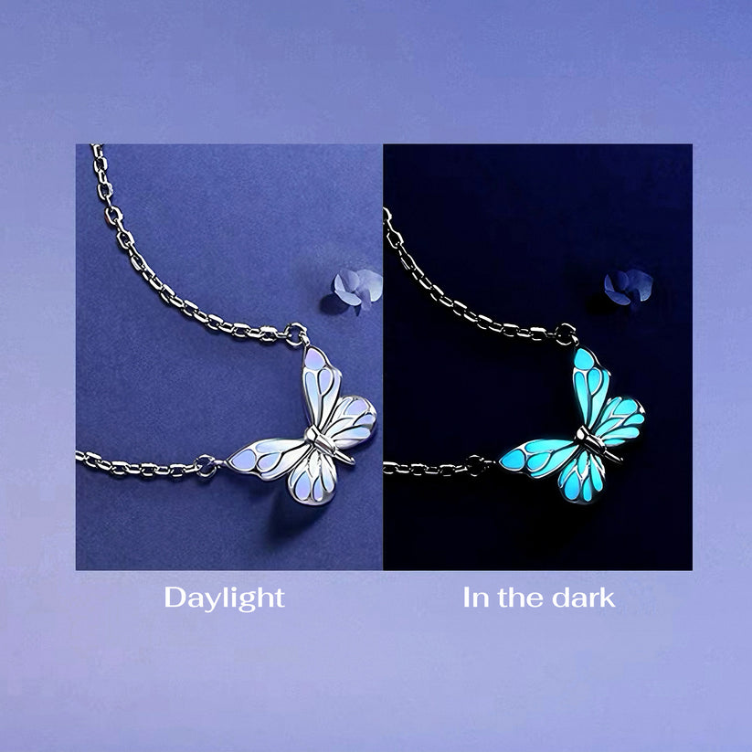 The butterfly in daylight and glowing in the dark, side by side